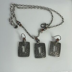 Brighton silver tone rectangular pendant and Earrings copper bead accents 16”